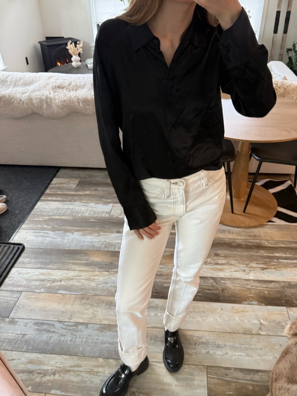 Reformation Black Satin Button-Down Shirt